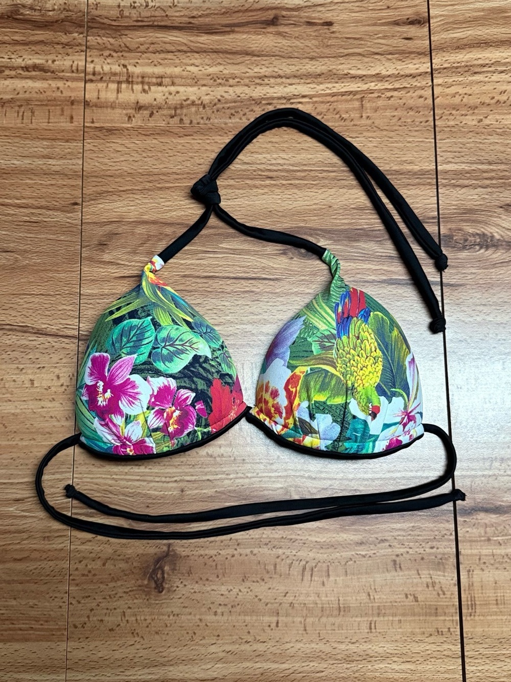 Women’s Tropical Floral Parrot Padded Triangle Bikini Top - Multicolor Swimwear